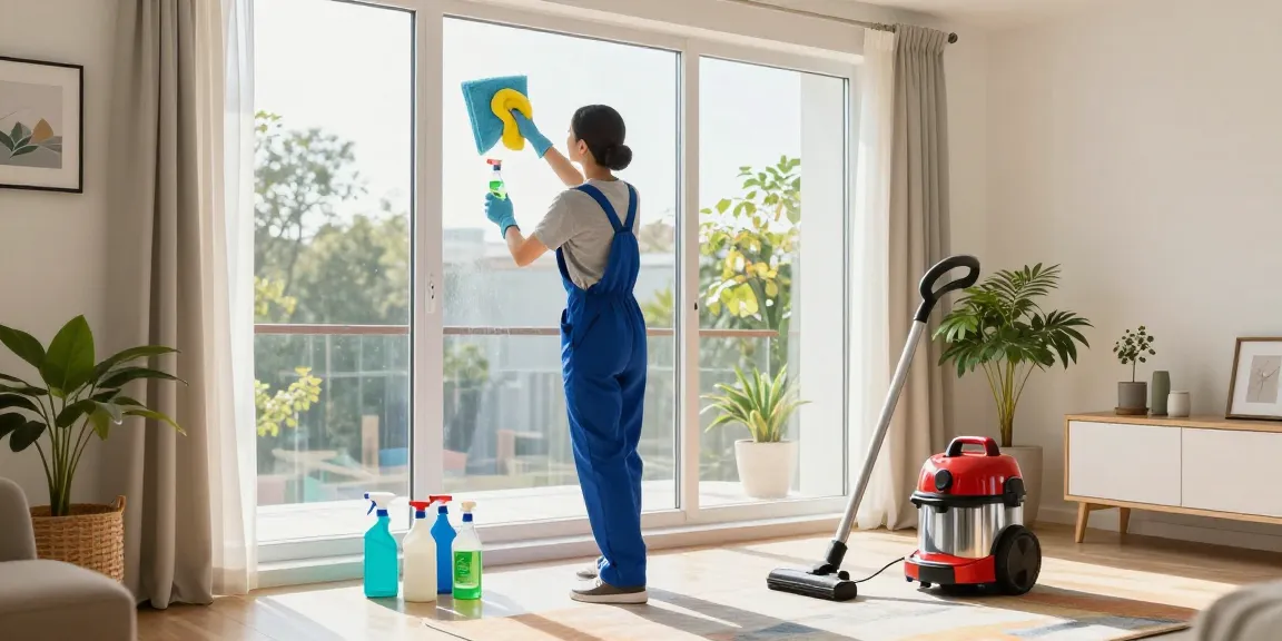 Cleaner demonstrating expertise at putzinstitut bern by creating a sparkling clean window in a bright, modern apartment.