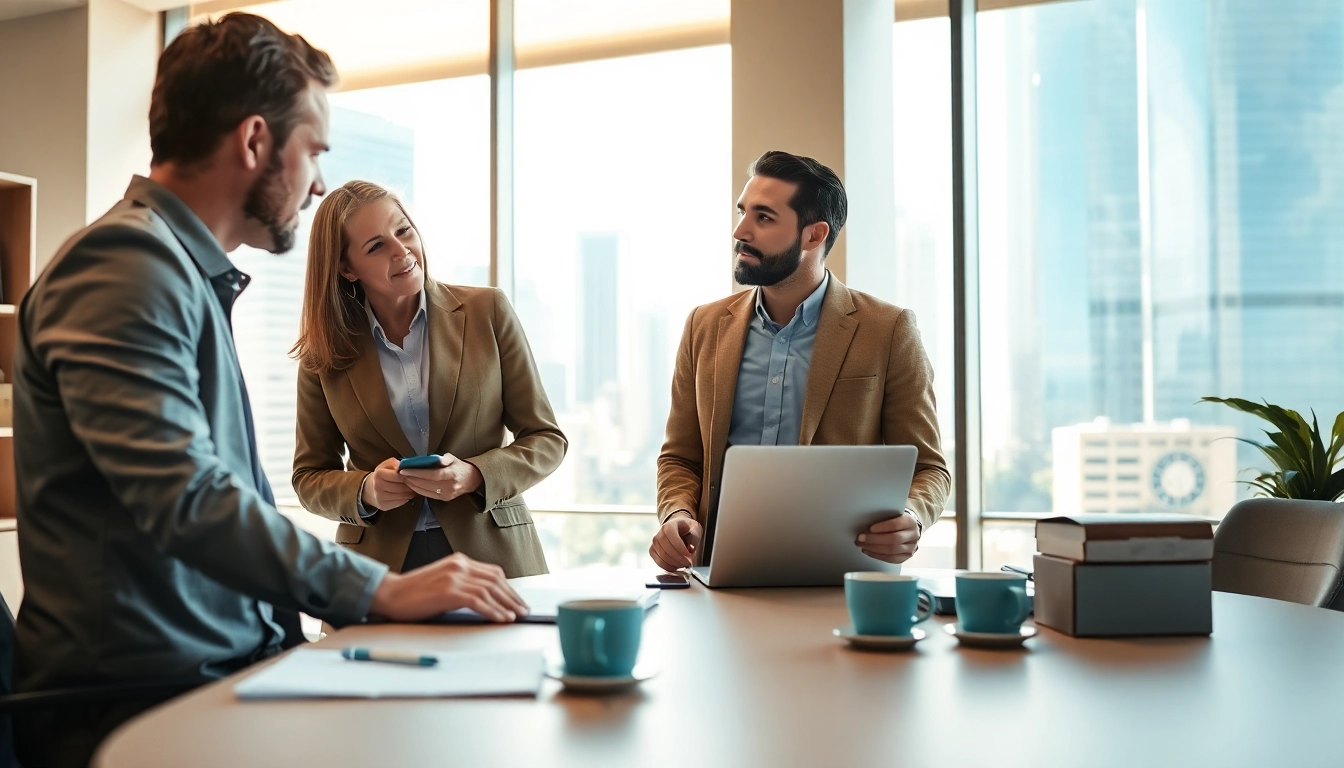Headhunter Schweiz in einem modernen Büro, das mit einem Klienten Strategien bespricht.