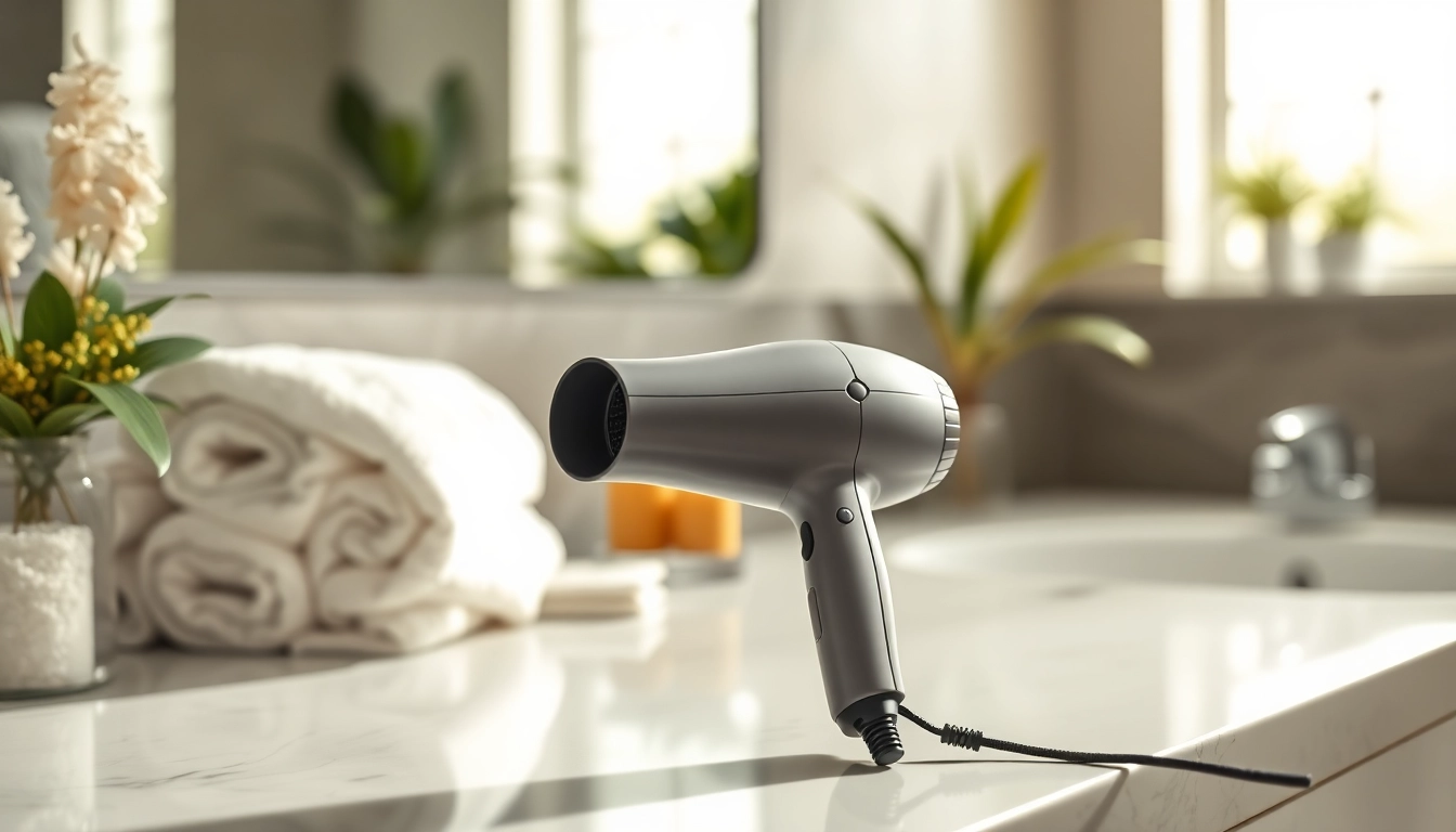 Laifen se Haarfön in elegantem Badezimmer mit stilvollen Details und natürlichem Licht.