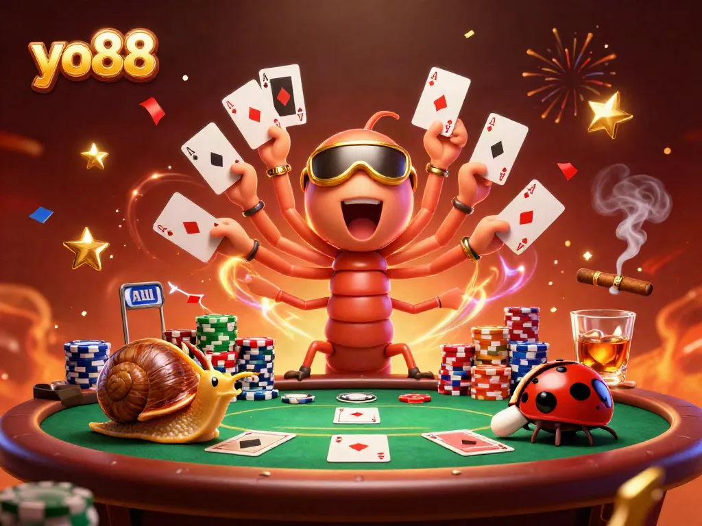Experience the excitement at yo88 with a vibrant casino scene featuring a millipede dealer and high-rolling characters.