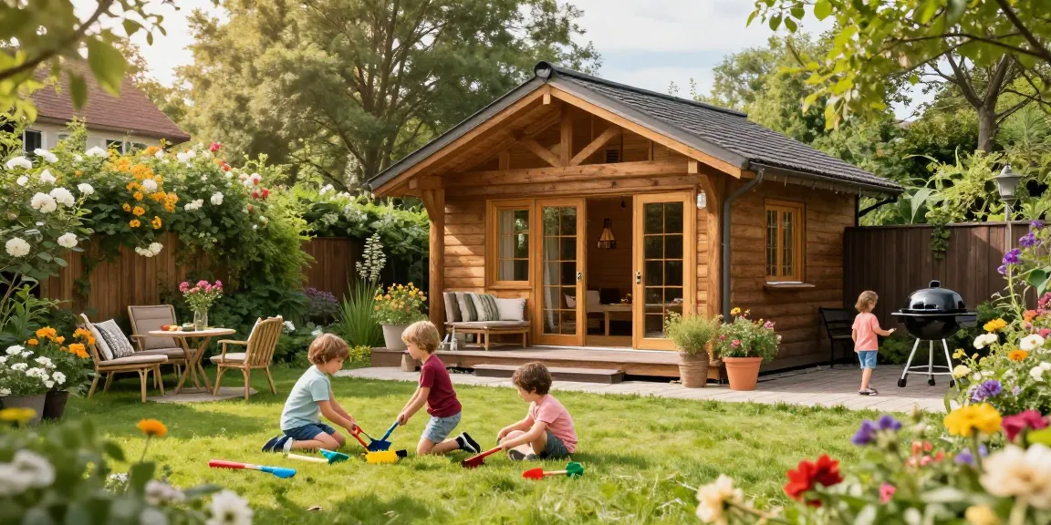 Attraktives Gartenhaus umgeben von blühenden Pflanzen, Familie genießt den sonnigen Tag.
