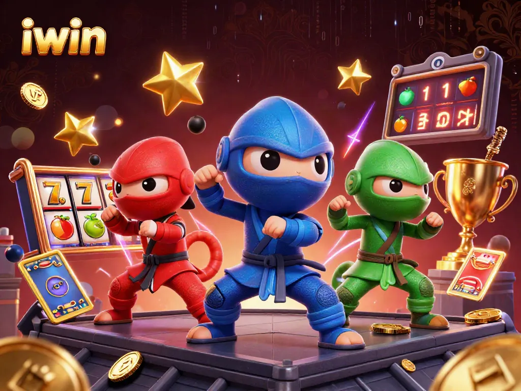 iwin casino warriors spinning slot reels while vibrant coins and prizes explode around them