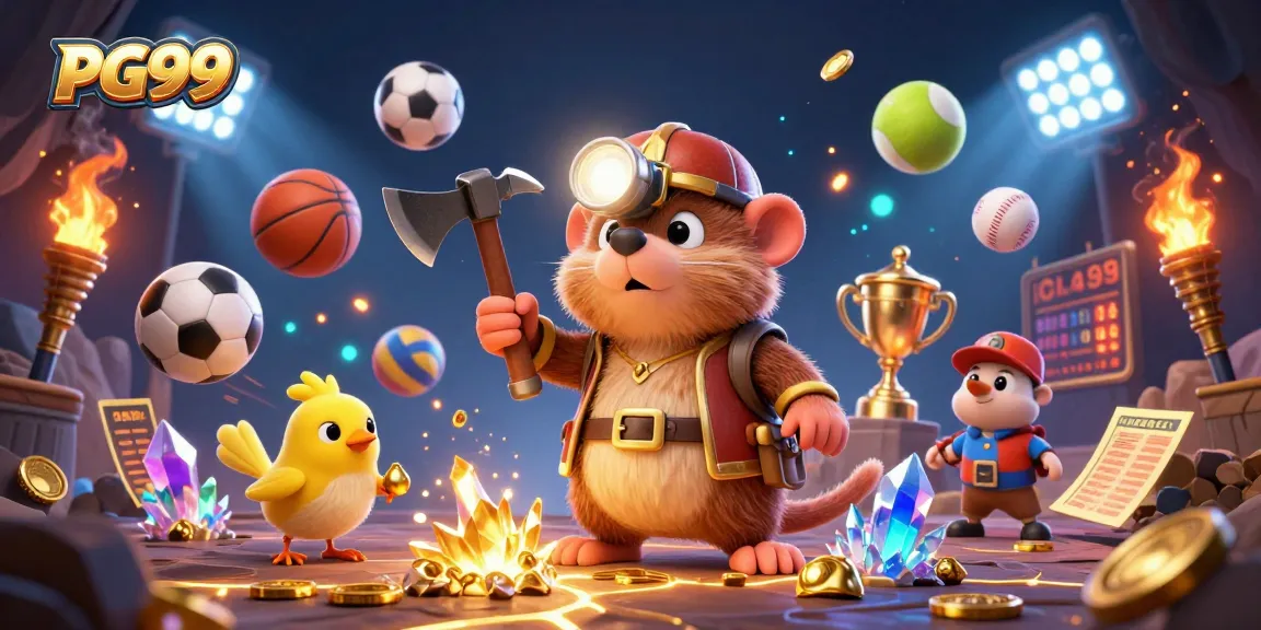 PG99 celebrates winning moments with a treasure hunter mole, showcasing vibrant casino elements and engaging sports action.