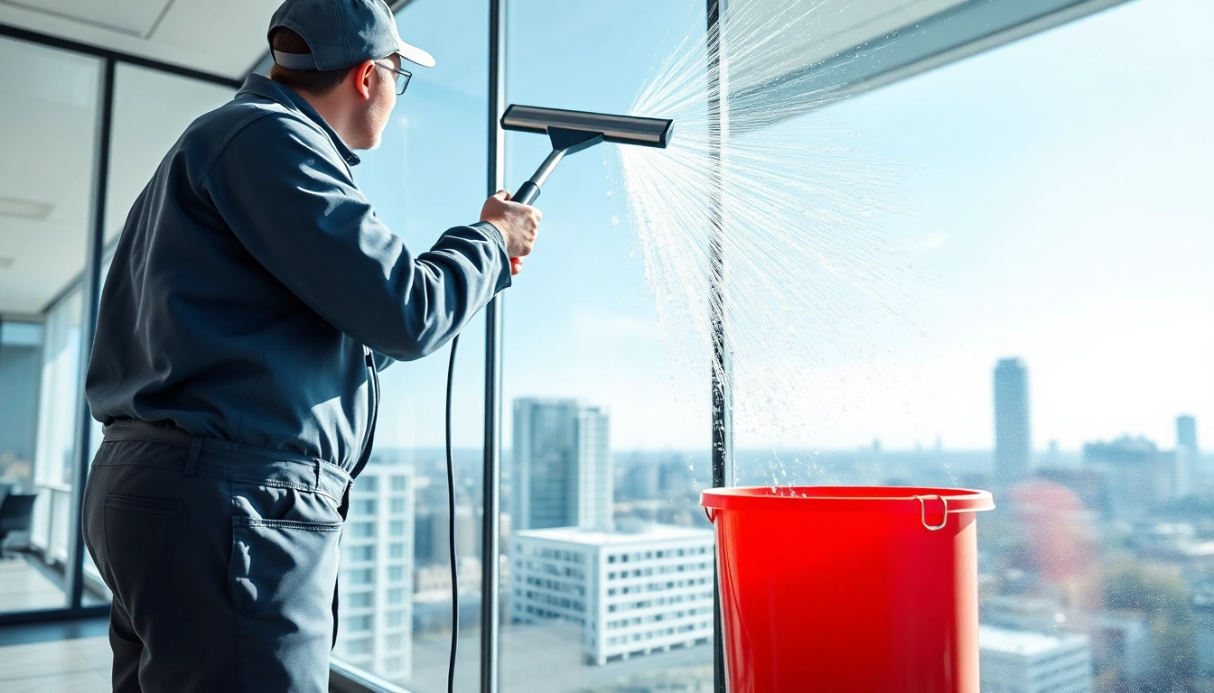 Fensterreinigung Berlin mit einem Techniker, der ein großes Fenster in einem modernen Gebäude reinigt.