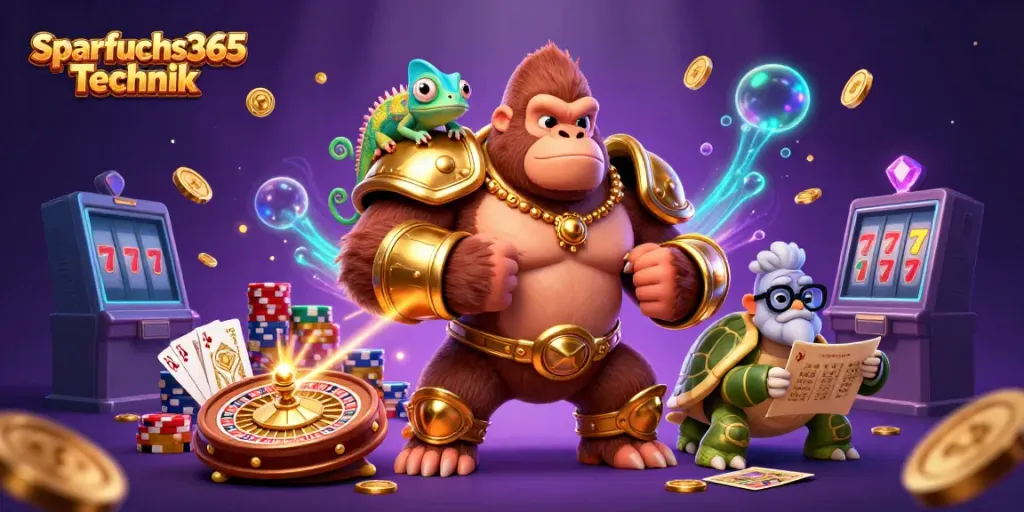 Spiele mit Sparfuchs365 Technik in einem dynamischen Casino-Szenario voller Goldmünzen und Spielkarten.