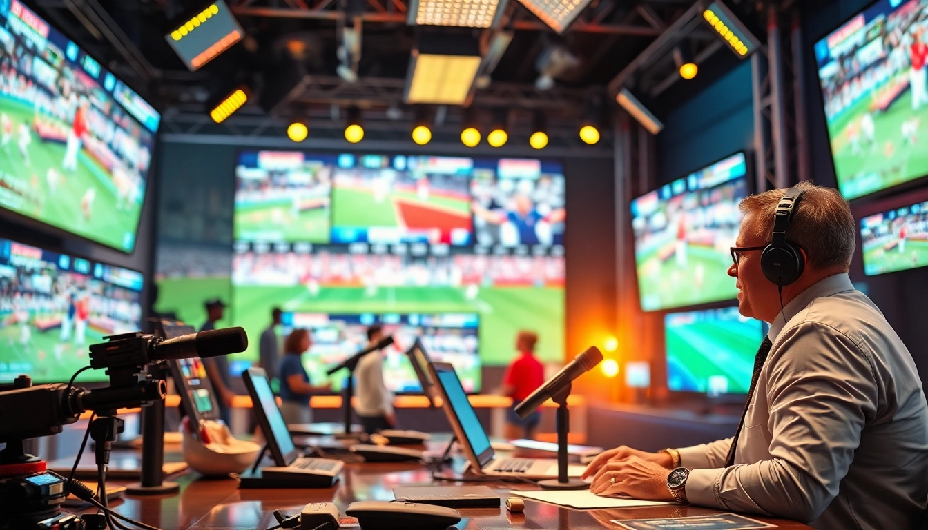 Announcers engaged in sports broadcasting in a high-tech studio with dynamic visuals.