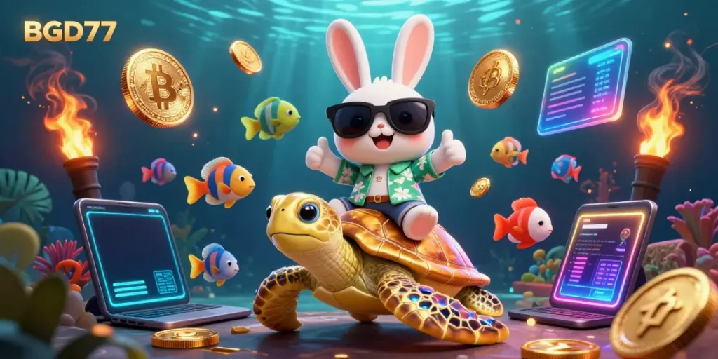 Experience the vibrant fun of BGD77 casino with a lucky rabbit and golden turtle in a rich underwater scene.
