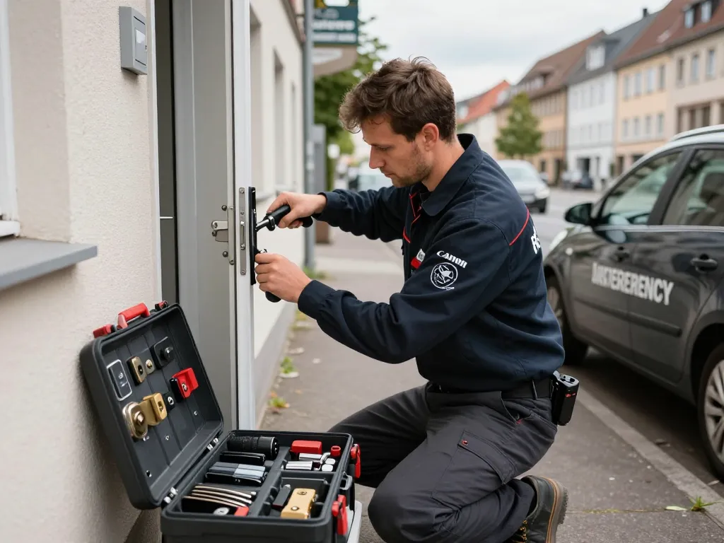 Zuverlässiger Schlüsseldienst Rastatt Techniker, der mit Expertenwerkzeugen eine Tür in urbaner Umgebung öffnet.