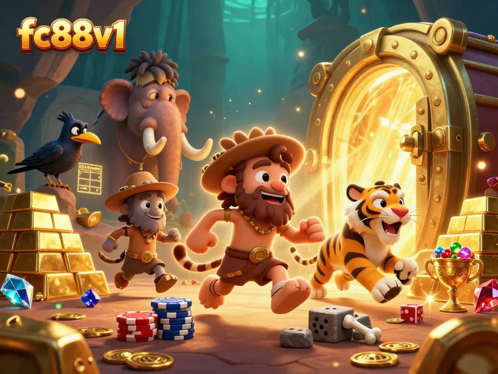 Engage in thrilling gameplay at fc88v1 with an exciting prehistoric casino scene featuring animated caveman characters.