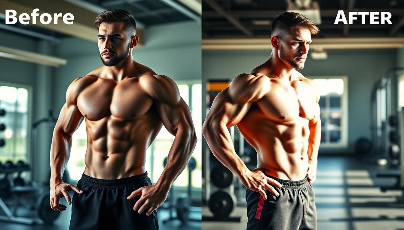 Vergleich von testo vorher nachher - Fitness Transformation mit beeindruckender Muskulatur.