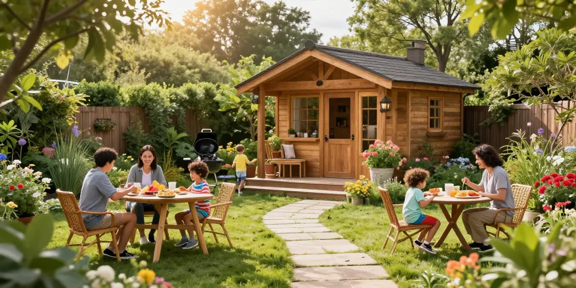 Gartenhäuser aus Holz in einer idyllischen Gartenlandschaft mit Familie.