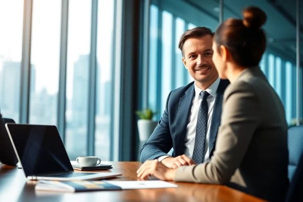 Headhunter Schweiz in einem Gespräch mit einem Kandidaten in modernem Büro.