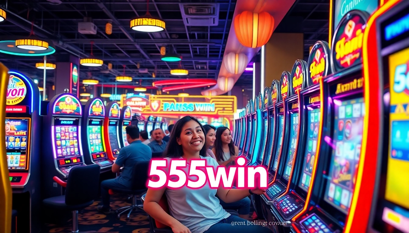 Exciting digital casino scene with diverse players enjoying 555win slot machines, vibrant lights, and engaging atmosphere.