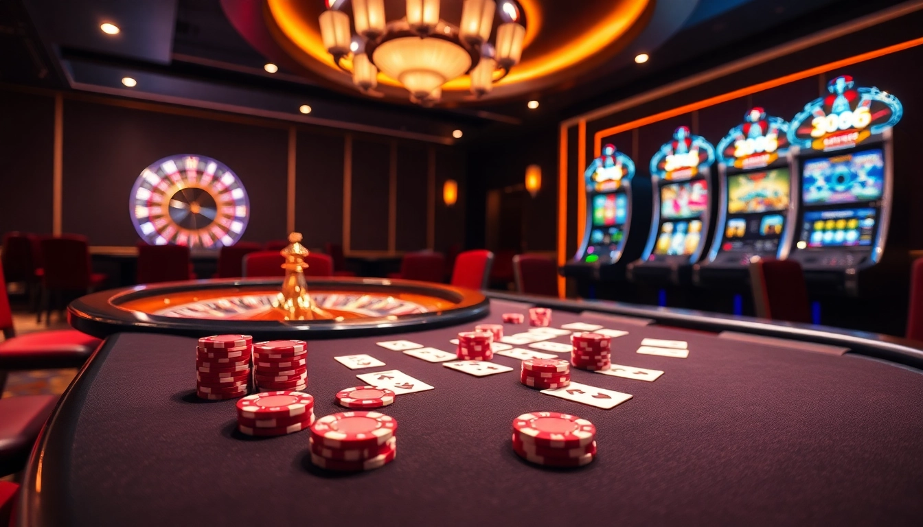 Players enjoying the da88 game at a luxurious casino table, surrounded by vibrant poker chips and a roulette wheel.