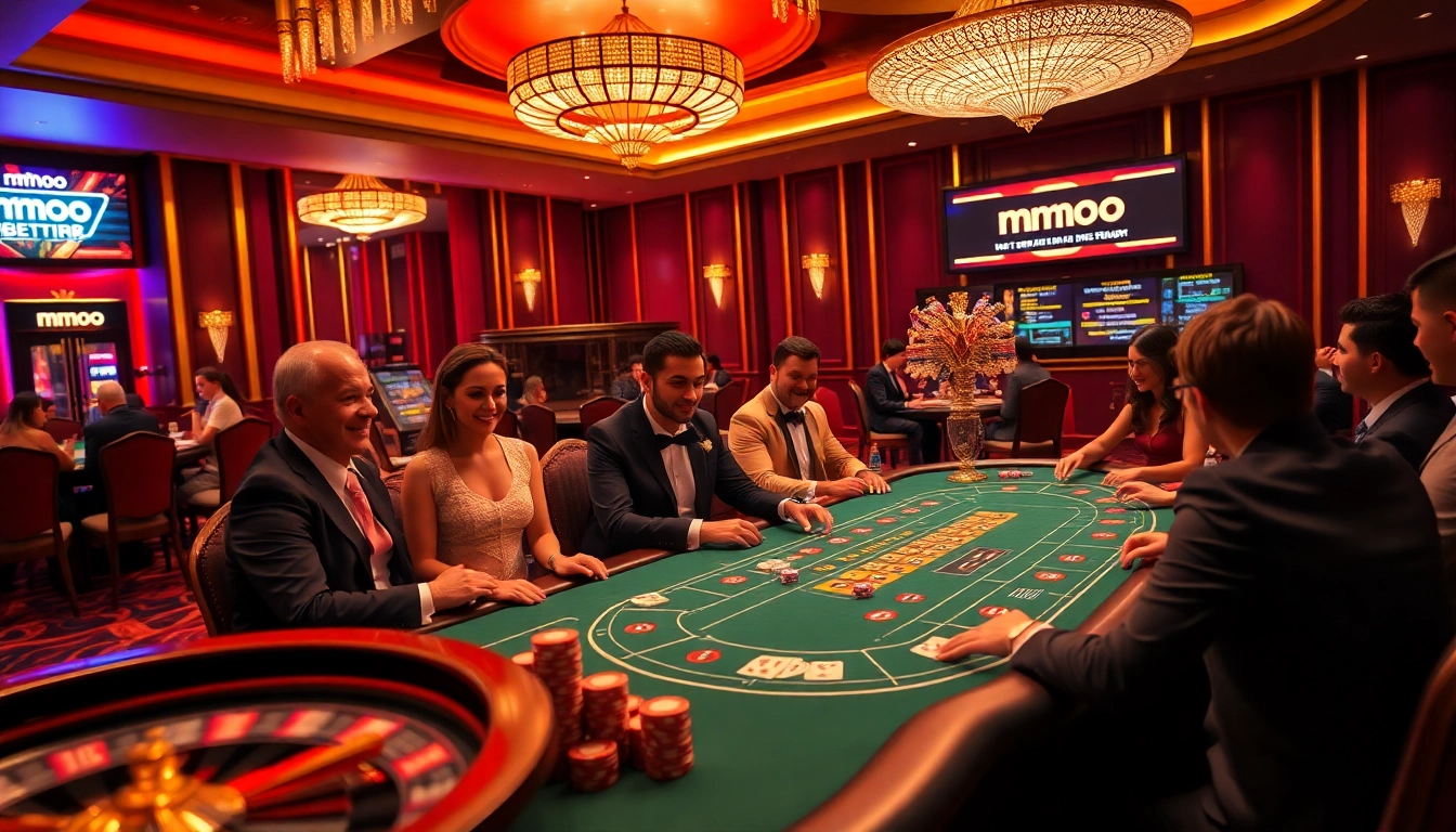 Players engaged in thrilling blackjack with mmoo branding and vibrant casino ambiance.