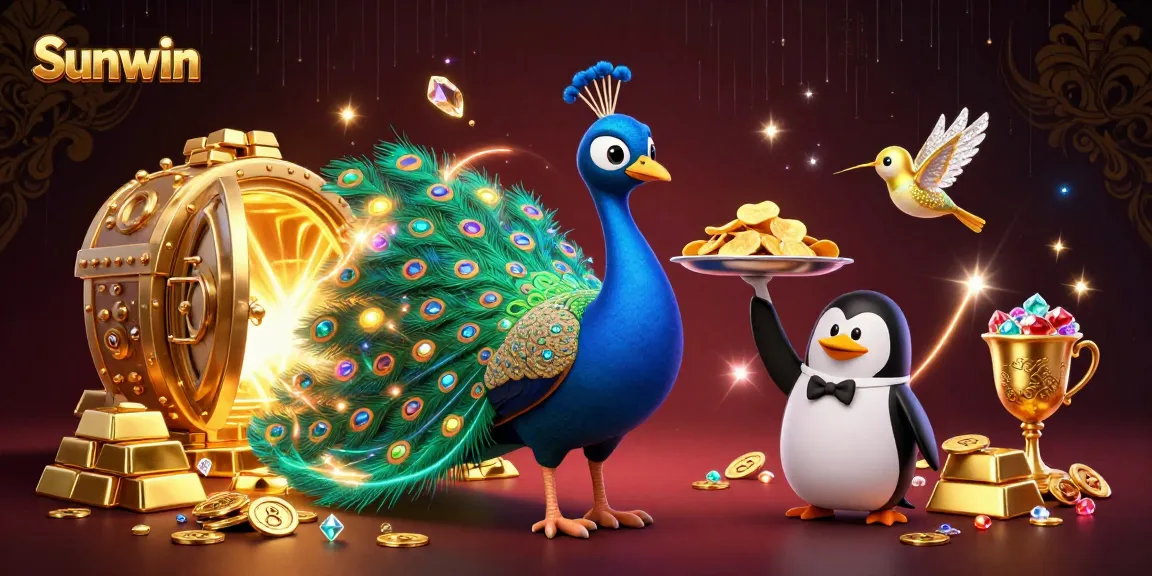 Engage with Sunwin's vibrant online casino experience featuring an elegant peacock, penguin butler, and hummingbird.
