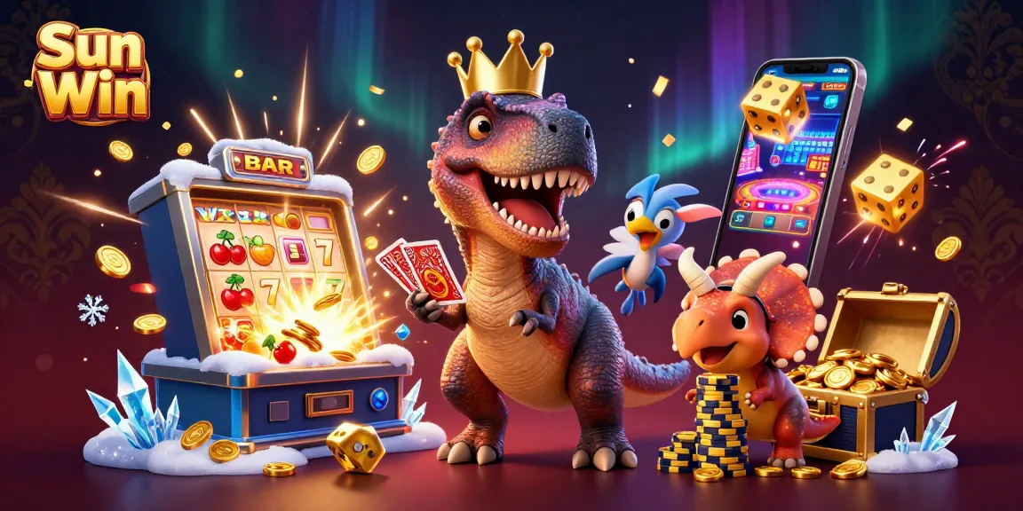Engage with Sun Win's exciting games in a vibrant 3D casino scene featuring a T-Rex, Pterodactyl, and Triceratops.