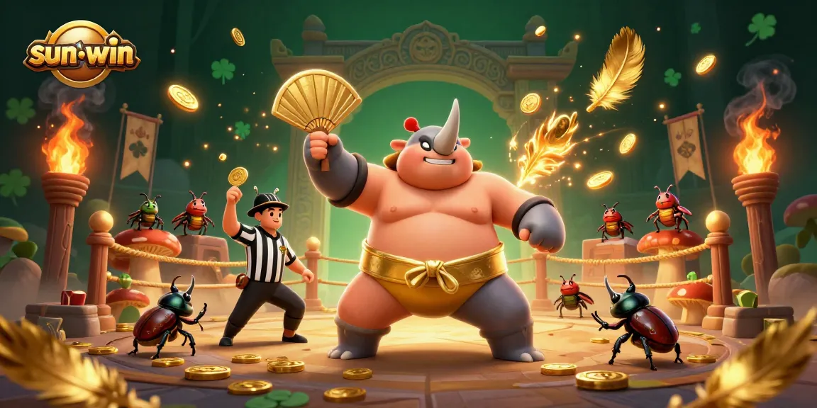 Engage with thrilling sun-win casino adventures featuring a sumo beetle champion amidst colorful gaming elements.