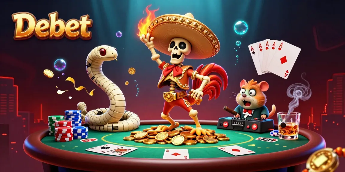 Engaging Debet illustration with a victorious skeleton mariachi rooster surrounded by poker elements.