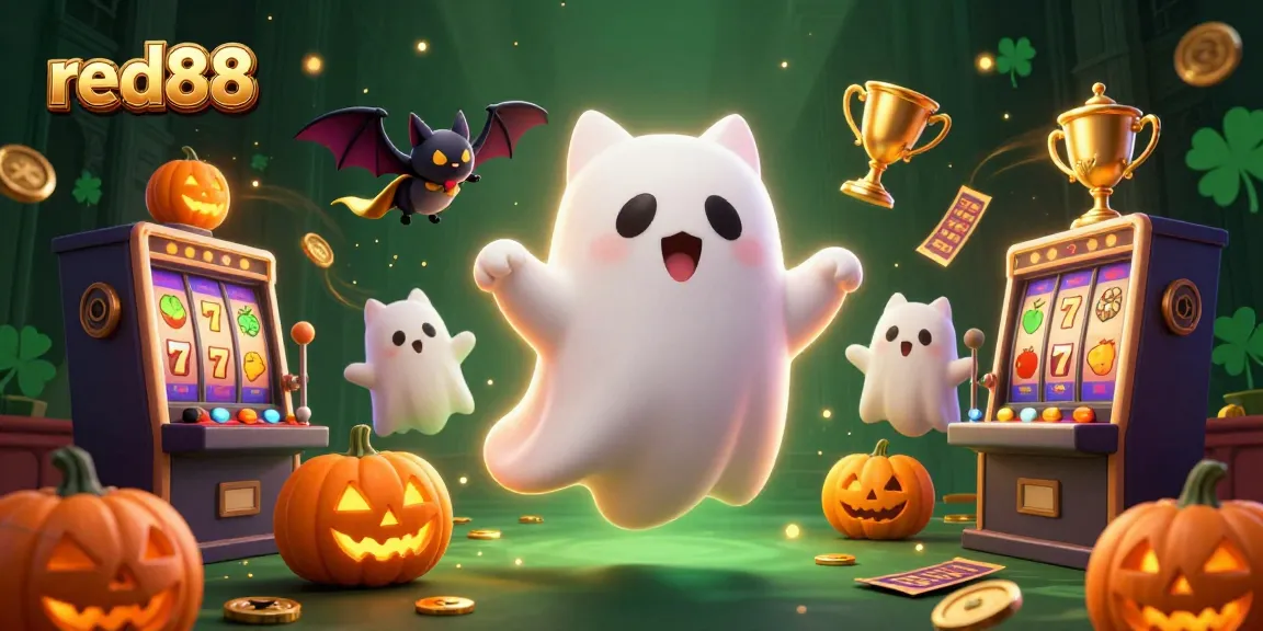 Experience the thrill of red88 with a haunted casino adventure featuring a ghost cat, vampire bat, and glowing slot elements.