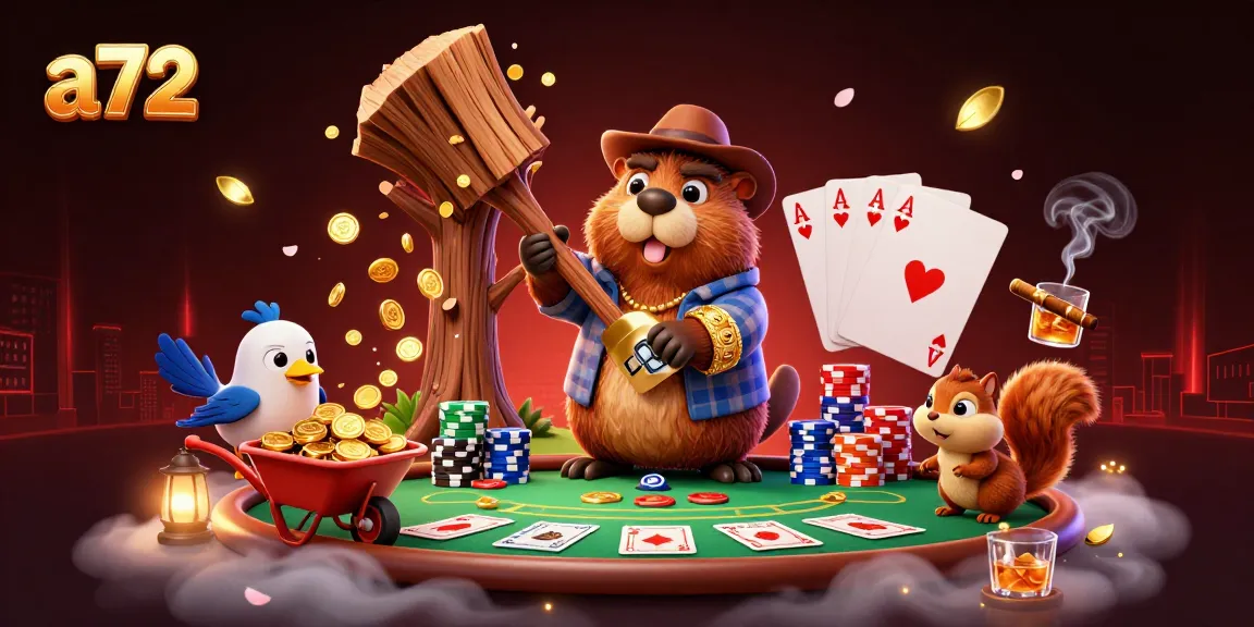 Experience a72's lively casino scene with characters enjoying a poker game filled with gold treasures.