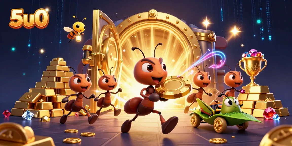 Engage in a thrilling heist with 5u0, where ants carry a golden poker chip amidst dazzling treasures.