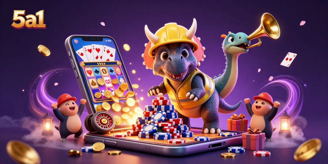 Celebrate with 5a1 as the triceratops builds a poker chip pyramid in a vibrant casino scene.
